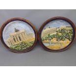 Two European wall plates, decorated with architectural scenes, 30 diameter