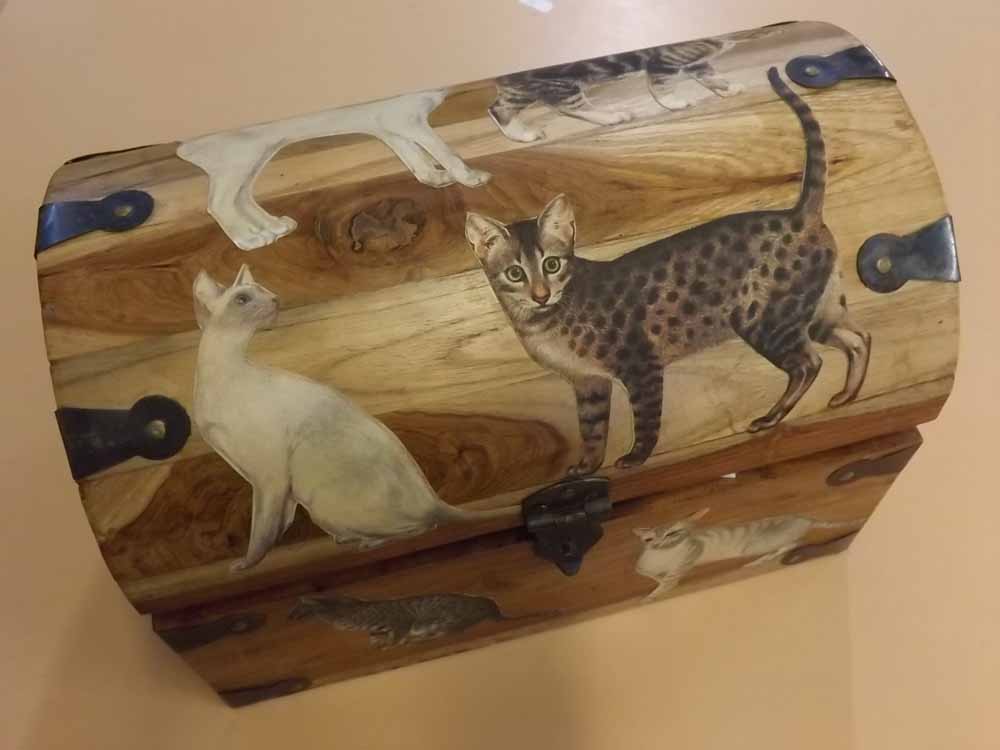 Small Eastern hardwood dome top storage trunk with side handles and scrapwork cut outs of cats to