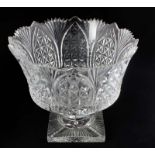 Early 20th Century large pedestal cut-glass fruit bowl on square radial cut base, Gothic star cut