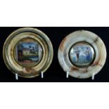 Two 19th Century 'Grand Tour' alabaster framed oil miniatures on mica of a country house in