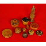 Group of treen items of sewing interest comprising two linen/lace stretchers, acorn shaped thimble