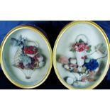 Pair of Regency felt work collages of mixed fruit on console tables within deep gilt framed and