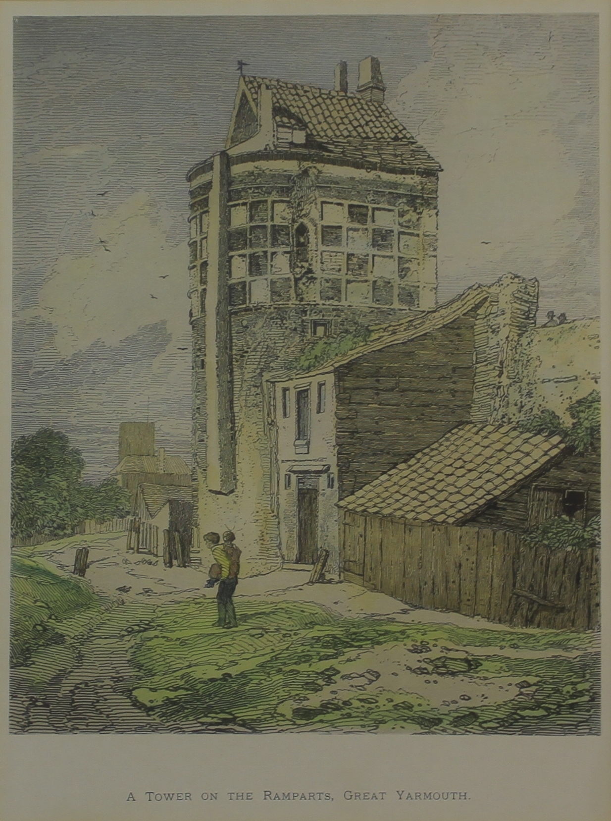19th Century East Anglia School, "A Tower on the Ramparts, Great Yarmouth", hand coloured