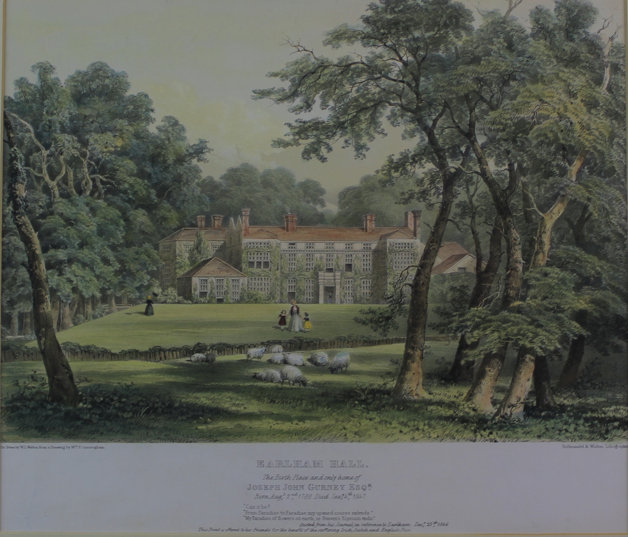 After Mrs F Cunningham, engraved by W L Walton, "Earlham Hall, the birthplace and only home of