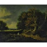 John Berney Crome (1794-1842), A rustic scene with two figures by a bridge with woodland to the