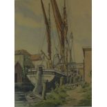 Henry James Starling, ARE,(1905-1996, British), "A Thames barge moored at Norwich", watercolour,