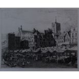 Charles J Watson (1846-1947, British), Norwich Market Place, black and white etching, signed and