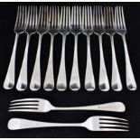 Set of twelve Old English pattern table forks engraved with wyvern crests and baron's coronets, by