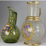 Bohemian cut glass decanter of bulbous form with solid angular handle, brightly enamelled with a