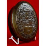 Fine early 18th Century pressed horn snuff box by John Obrisset of oval form and bearing the Arms of