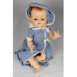 Pedigree doll, jointed celluloid body, moulded hair, blue lashed sleeping eyes, original blue