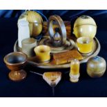 Collection of treen and Mauchline wares including a turned circular dish with circular carrying