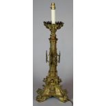 19th Century large cast brass, ecclesiastical altar pricket candlestick in Gothic taste, having