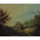 Norwich School. A group of figures in a lane approaching a cottage oil on canvas, (unsigned),