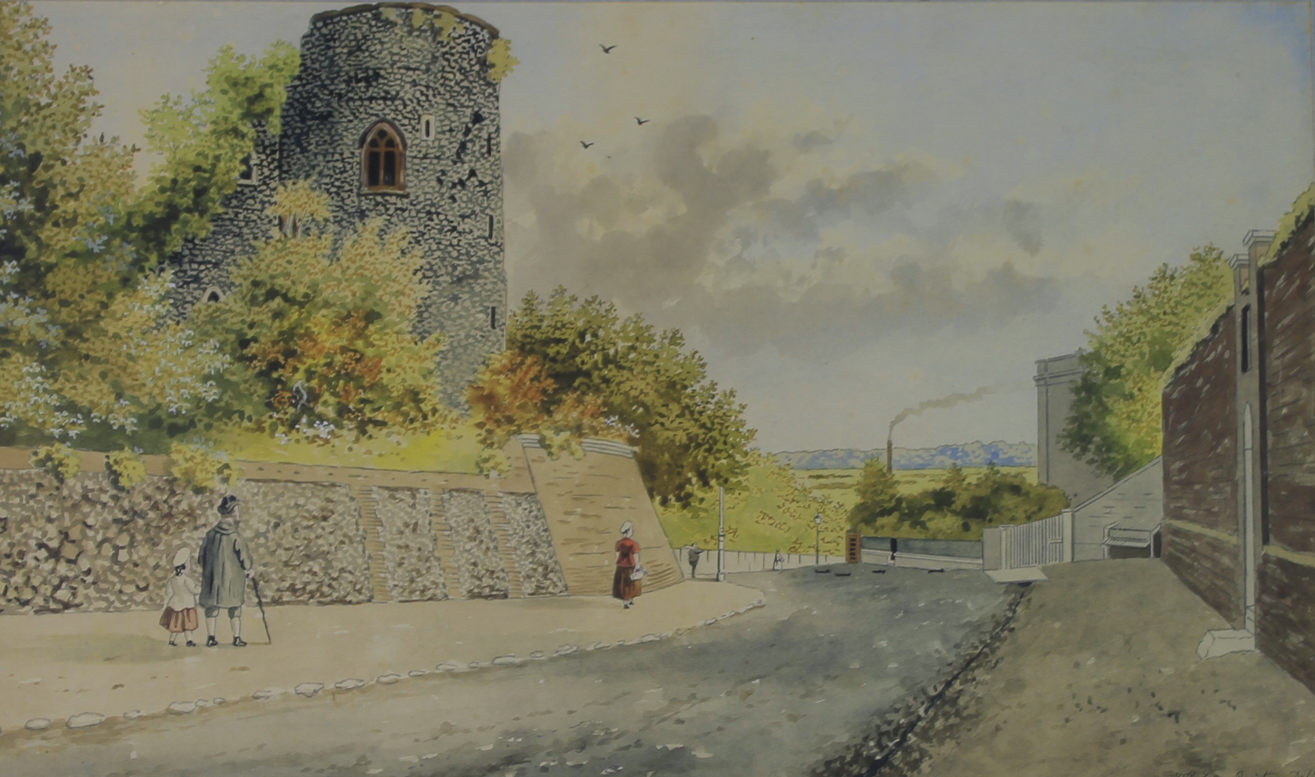 William Frederick Austin (1833-1899, British), Norwich street scene; tower on the Butter Hill,