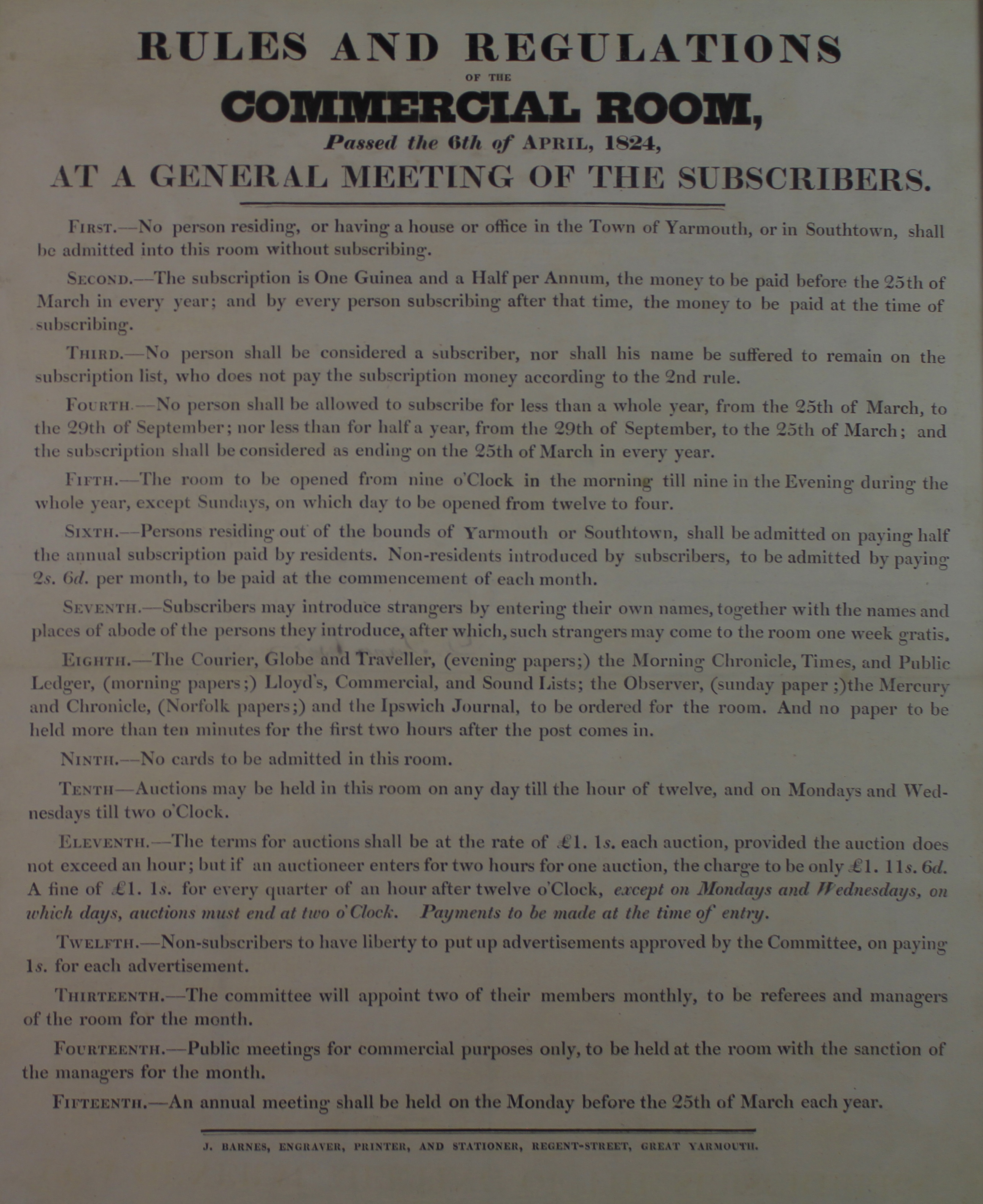 19th Century A Broadside: Rules and Regulations of the Commercial Room, Great Yarmouth passed on 6th