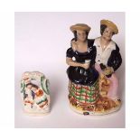 Small Staffordshire arbour group of an embracing couple, 9 1/2 cm tall, a further Staffordshire