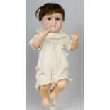 Rare Hancocks English bisque headed doll with open/closed mouth, blue sleeping eyes, brown mohair