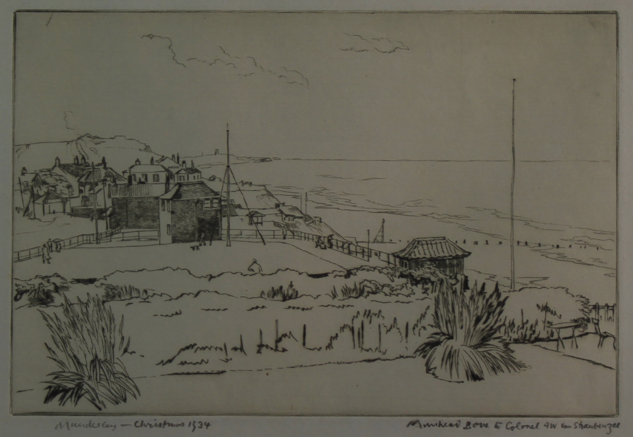 David Muirhead Bone (1876-1953, British), "Mundesley", black and white etching, signed and dedicated