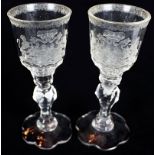 Pair of 18th Century Irish cordial glasses having faceted funnel shaped bowls, faceted and waisted