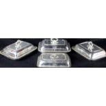 Set of three George III rectangular silver entre dishes and covers (plus one extra cover, no handle)