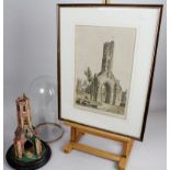 Victorian painted cork model of Grey Friars Monastery, Kings Lynn, on ebonised socle under a glass