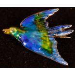 Deakin & Francis enamelled white metal bird brooch decorated in blues and greens, stamped "D&F",