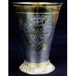 18th Century Scandinavian silver gilt beaker of tapering cylindrical form, engraved with a central