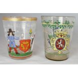 Two Bohemian beaker shaped vases of tapering cylindrical form, The first enamelled with two figures,