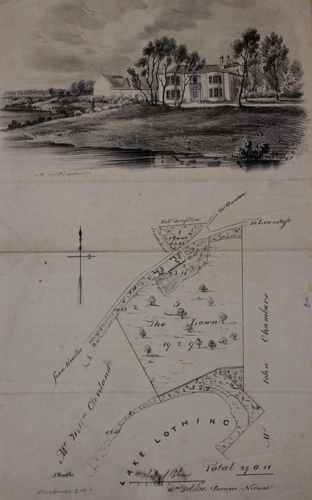 John Berney Ladbrooke (1770-1842, British)Map and view of Normanston Court near Lake Lothing (near