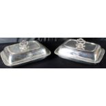 Pair of George IV rectangular silver entre dishes and covers with gadrooned borders engraved with