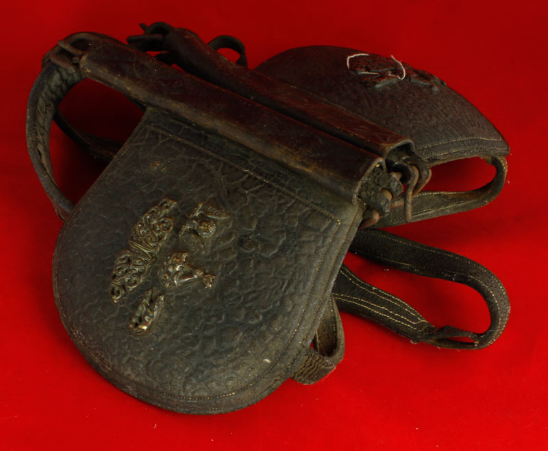 Leather horse-head harness with three heraldic livery crests which come from Sir George Nathaniel