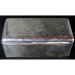 Late Victorian silver encased cigarette box of plain rectangular design, the hinged lid bearing a