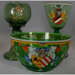 Three items of Bohemian glassware - a circular bowl with enamelled Coat of Arms to the front, 12 1/2