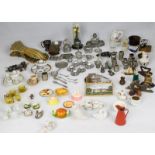 Collection of miniature doll's house items including cooking pieces, pans, bowls, cutlery, jugs,