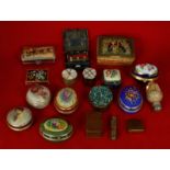 Mixed lot comprising 11 assorted modern metal pictorial lidded etc boxes, brass tinderbox, painted/