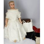 English poured wax doll in original dress, circa 1860, Blue glass eyes, painted features, inserted