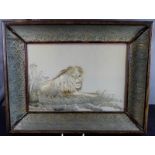 Late 19th Century Japanese freehand silk work picture of a recumbent lion in natural habitat,