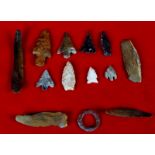 Group of Anglo-Saxon flint items including eight spear heads and a ring together with a group of