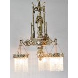 19th Century pre-Raphaelite style silvered bronze three-light chandelier, each of the three scrolled