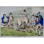 S W Fores (publishers), "The Norwich Bull-Bait" hand coloured engraving, published 1802,220mm x