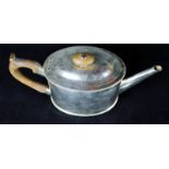 George III oval silver teapot with beaded edges, beaded angular spout, treen finial and handle,