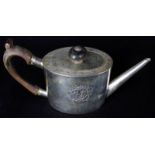 George III oval silver teapot with angular spout, treen handle and finial, having bright cut band of