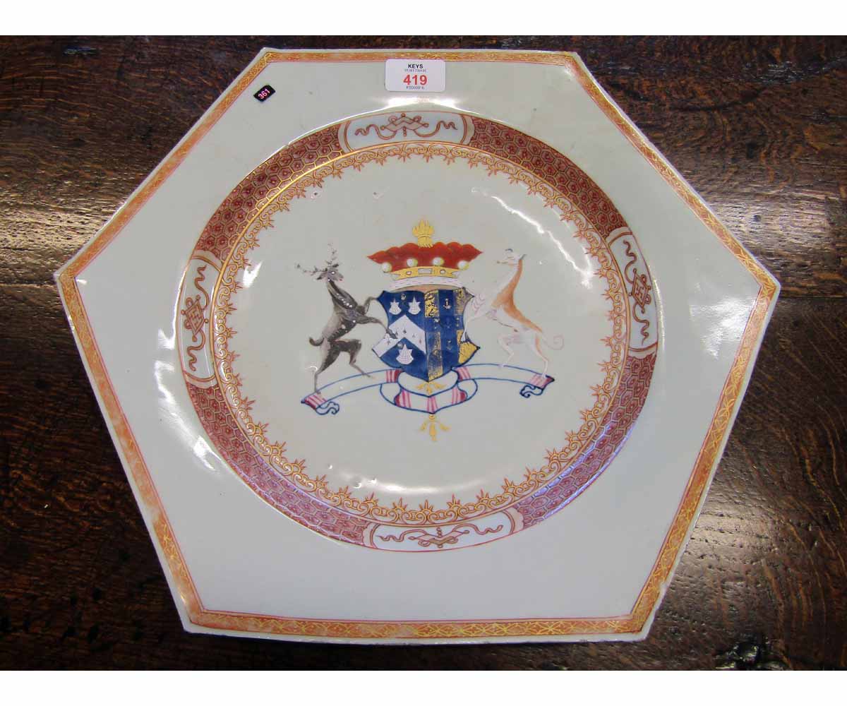 Early 18th century Chinese export porcelain armorial plate of hexagonal shape, the dished centre - Image 2 of 4