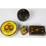 Group of four 18th/19th Century decorative boxes: a circular papier-m ch In Memoriam box and Lid,