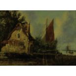 Alfred Stannard, (1828-1885), A Cottage by a wooden bridge with wherry on an adjacent river,
