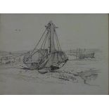 Jane Worship (19th Century, British), Shrimping nets drying on a post, pencil drawing, initialled JW