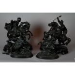 Large pair of bronze spelter equestrian groups entitled "Richard I" and "Edward III" on oval