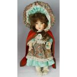 Belgian composition doll with jointed composition body, fixed blue eyes, brown wig, Multi-coloured