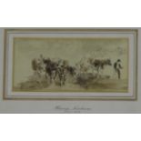 Henry Ninham (1793-1874, British), Figures with cattle, pen and brown ink sketch, 52mm x 115mm, gilt